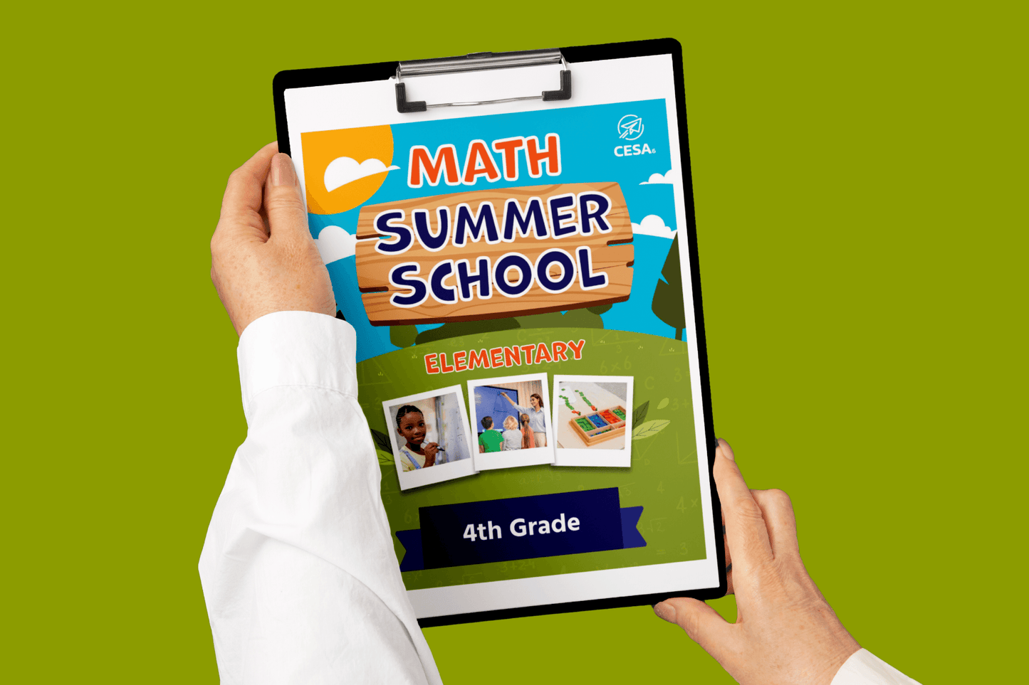 A person holds a colorful print for a "Math Summer School" program. The design includes text for elementary 4th grade and cheerful visuals of students.