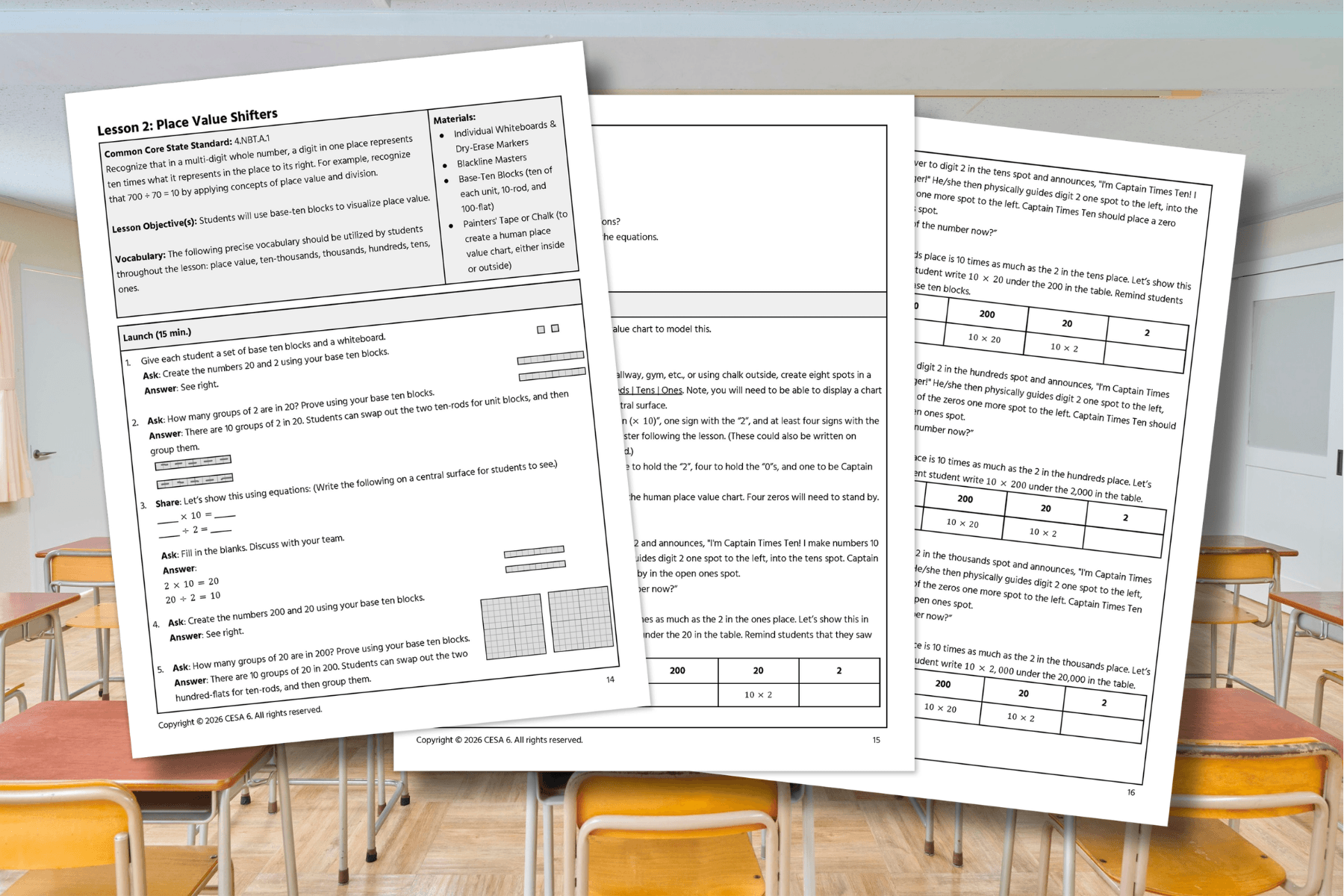 Three educational worksheets titled "Lesson 2: Place Value Shifters" are overlaid on an empty, bright classroom with wooden desks and orange chairs, conveying a learning environment.