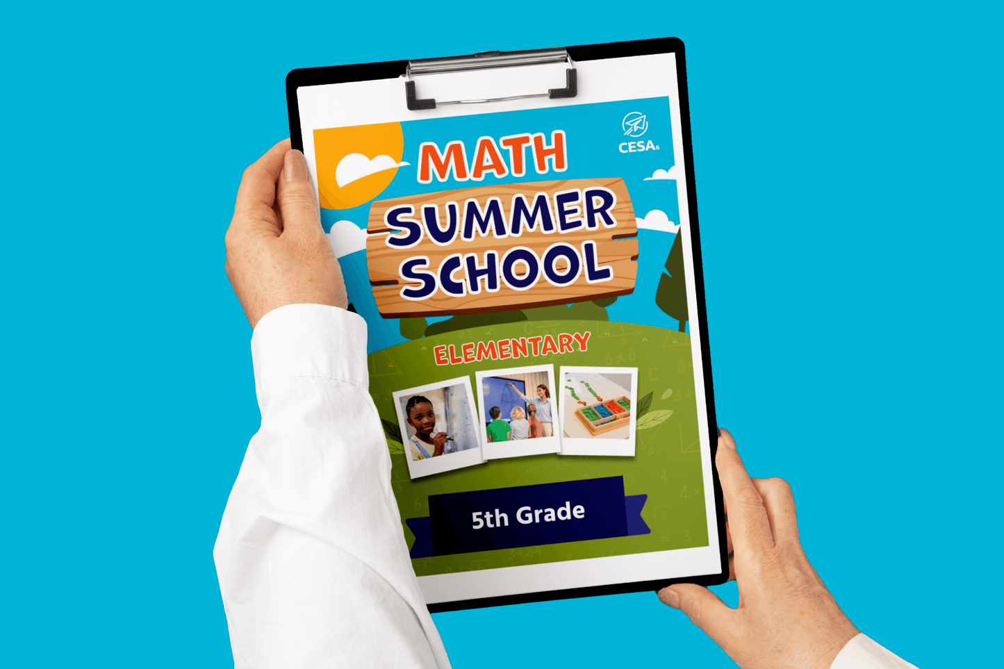 A person holds a colorful print for a "Math Summer School" program. The design includes text for elementary 5th grade and cheerful visuals of students.