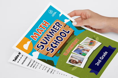 A person holds a colorful print for a "Math Summer School" program. The design includes text for elementary 2nd grade and cheerful visuals of students.