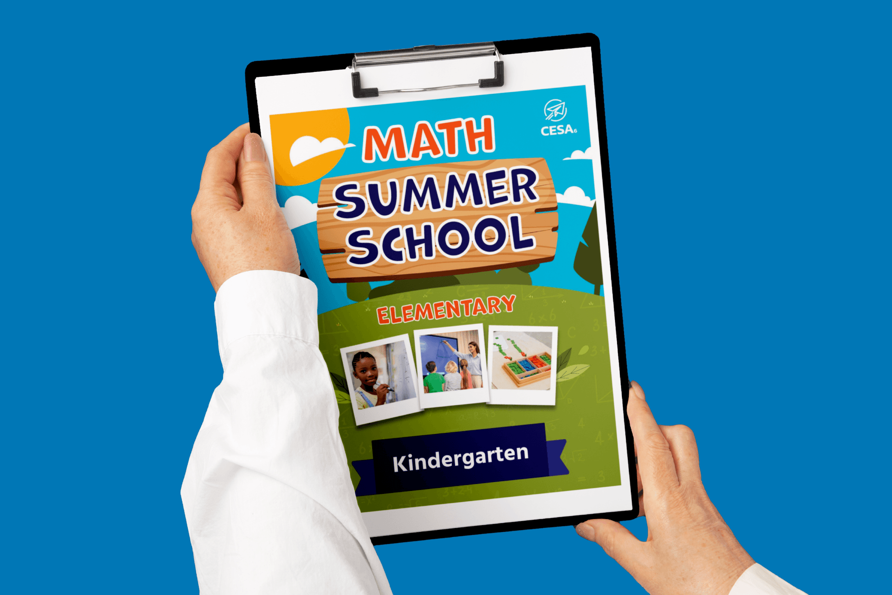 A person holds a colorful print for a "Math Summer School" program. The design includes text for elementary Kindergarten and cheerful visuals of students.