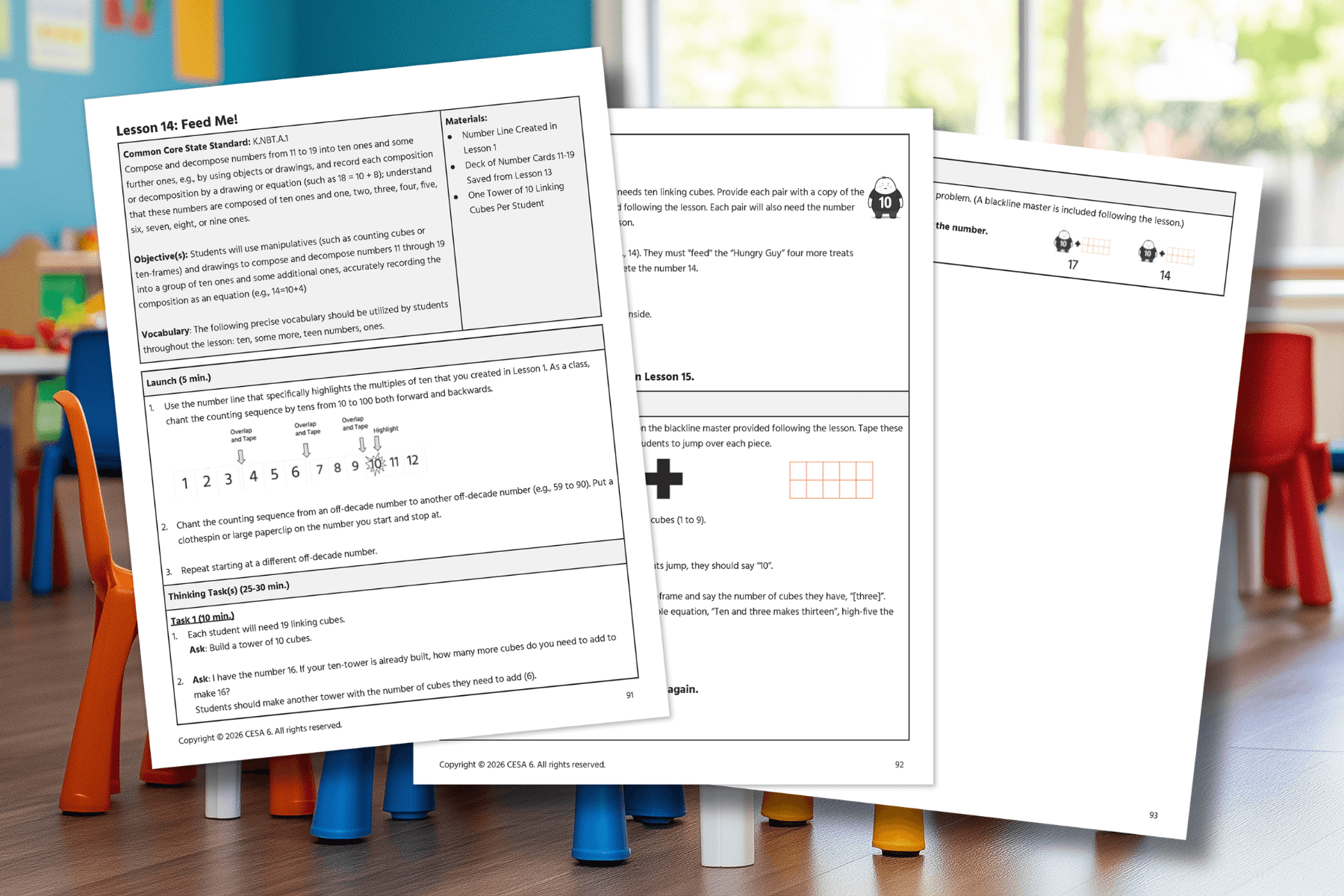 Classroom setting with colorful chairs and a wooden floor. In the foreground, three pages from a lesson plan detail educational activities and objectives.