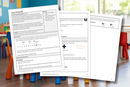 Classroom setting with colorful chairs and a wooden floor. In the foreground, three pages from a lesson plan detail educational activities and objectives.
