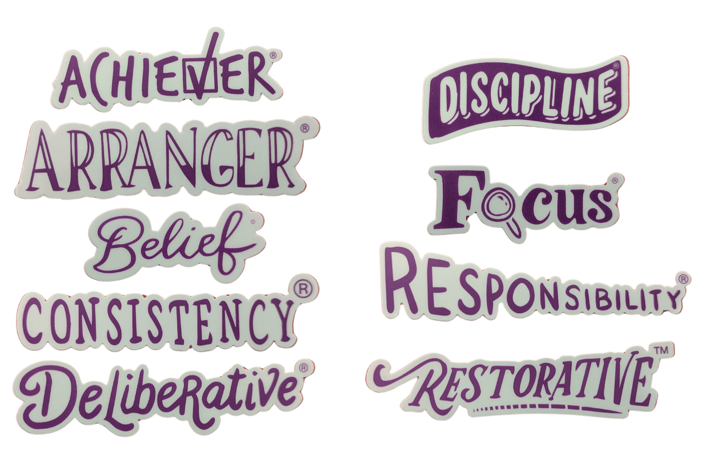 All 9 Executing Clifton Strengths Themed Stickers are presented in purple and include Achiever®, Arranger®, Belief®, Consistency®, Deliberative®, Discipline®, Focus®, Responsibility®, and Restorative TM.