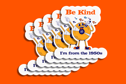 A stack of vibrant stickers is displayed against an orange background. Each sticker features a retro-style vinyl record character with arms, legs, and a joyful expression, holding a microphone and singing. Musical notes float around its head. Above the character, bold text reads “Be Kind,” and below, it says “I’m from the 1950s” in dark blue retro font. The stickers are layered in a cascading formation. 
