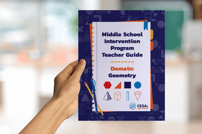 A hand holds a colorful teacher guide titled "Middle School Intervention Program Teacher Guide: Domain: Geometry." The cover features geometric shapes.