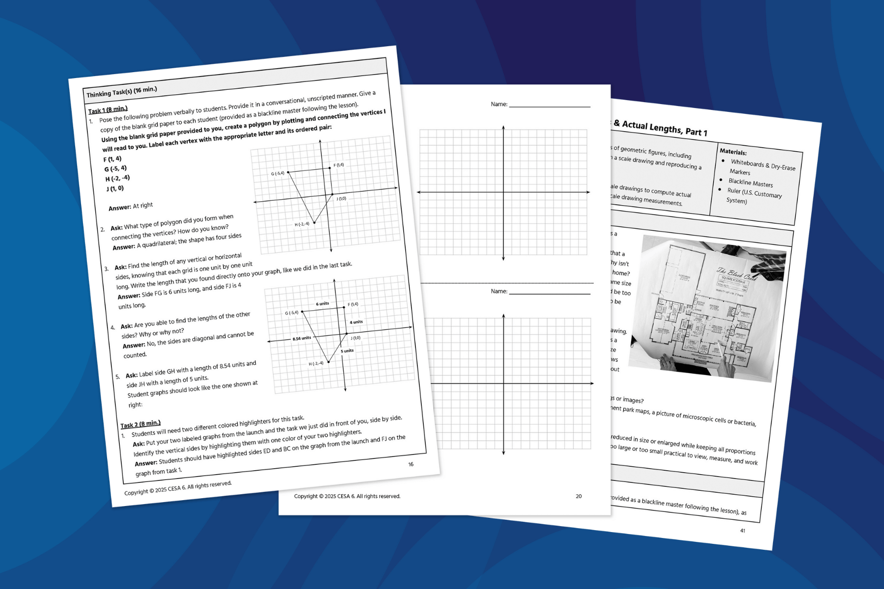 Overlapping math worksheets on a blue swirled background. The pages include graph exercises, charts, and text instructions, suggesting an educational focus.
