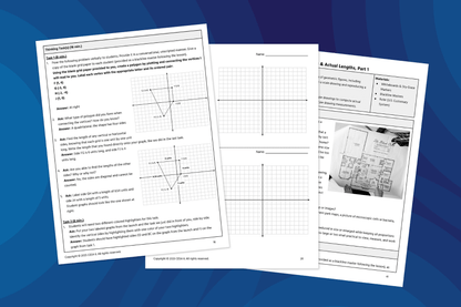 Overlapping math worksheets on a blue swirled background. The pages include graph exercises, charts, and text instructions, suggesting an educational focus.
