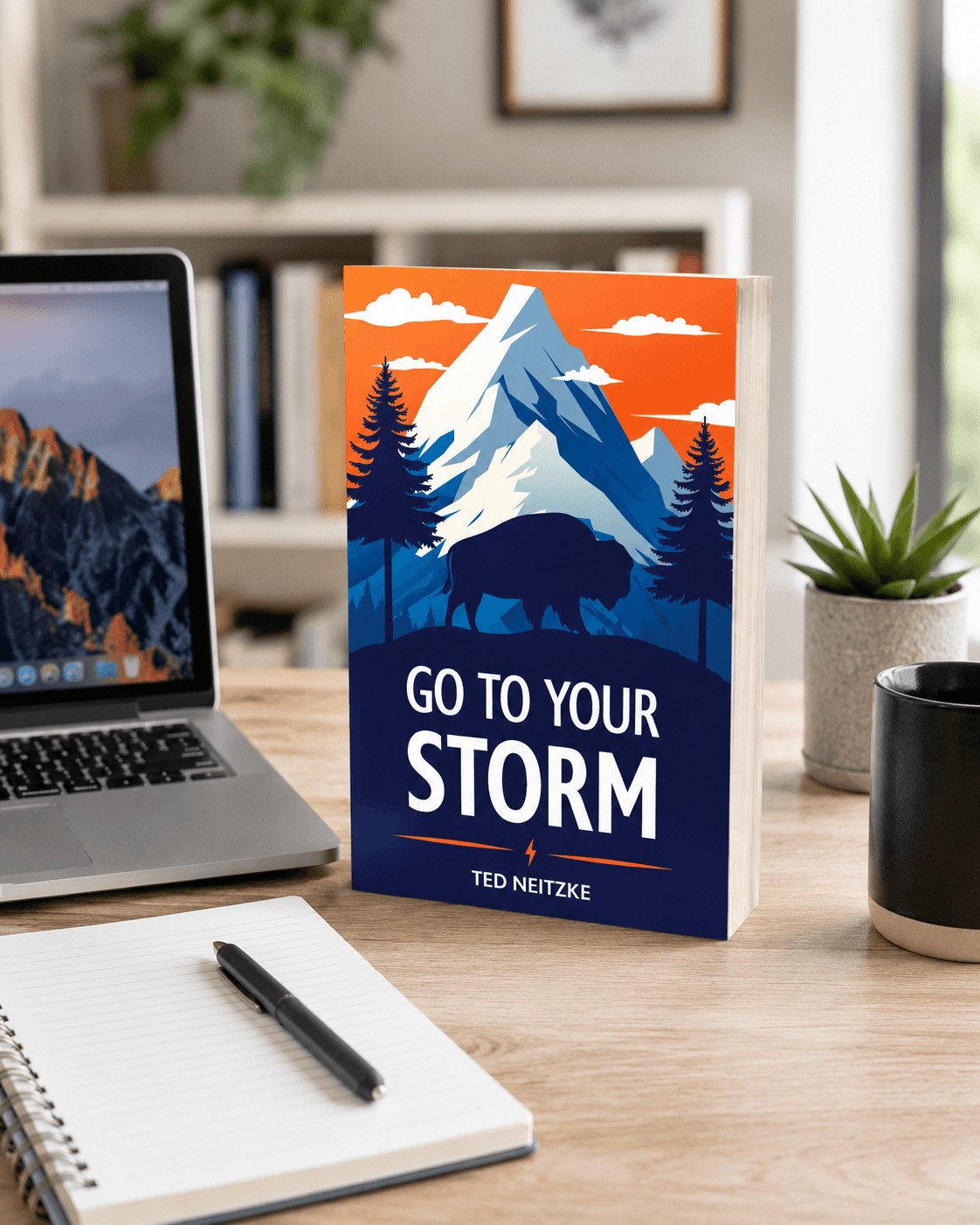 A book titled "Go to Your Storm" stands on a wooden desk with a laptop, notebook, pen, and mug nearby. The cover features a mountain, trees, and a bison, evoking a sense of adventure and resilience.