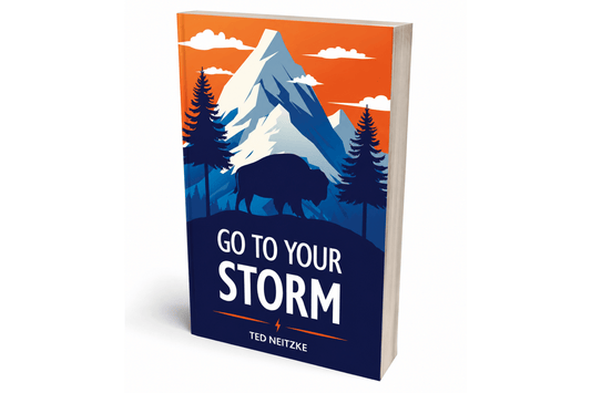 Cover of "Go To Your Storm" by Ted Neitzke featuring a blue silhouette of a buffalo, pine trees, and a mountain against an orange sky. Bold and adventurous tone.