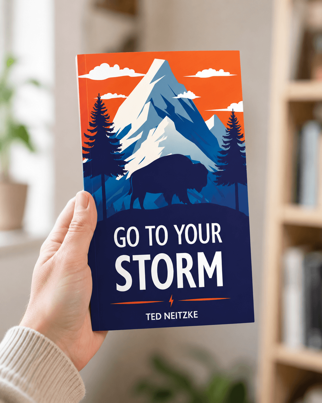 A hand holds a book titled "Go To Your Storm" by Ted Neitzke. The cover features a mountain, pine trees, and a buffalo silhouette, in vibrant orange and blue.