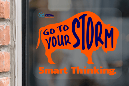 A transparent static cling window decal featuring an orange buffalo silhouette with the words "GO TO YOUR STORM" in dark blue. Below the buffalo, the phrase "Smart Thinking." appears in orange, and the CESA 6 logo is displayed in the upper left corner. The decal is shown applied to a glass window.