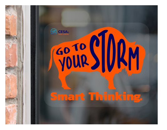 A transparent static cling window decal featuring an orange buffalo silhouette with the words "GO TO YOUR STORM" in dark blue. Below the buffalo, the phrase "Smart Thinking." appears in orange, and the CESA 6 logo is displayed in the upper left corner. The decal is shown applied to a glass window.