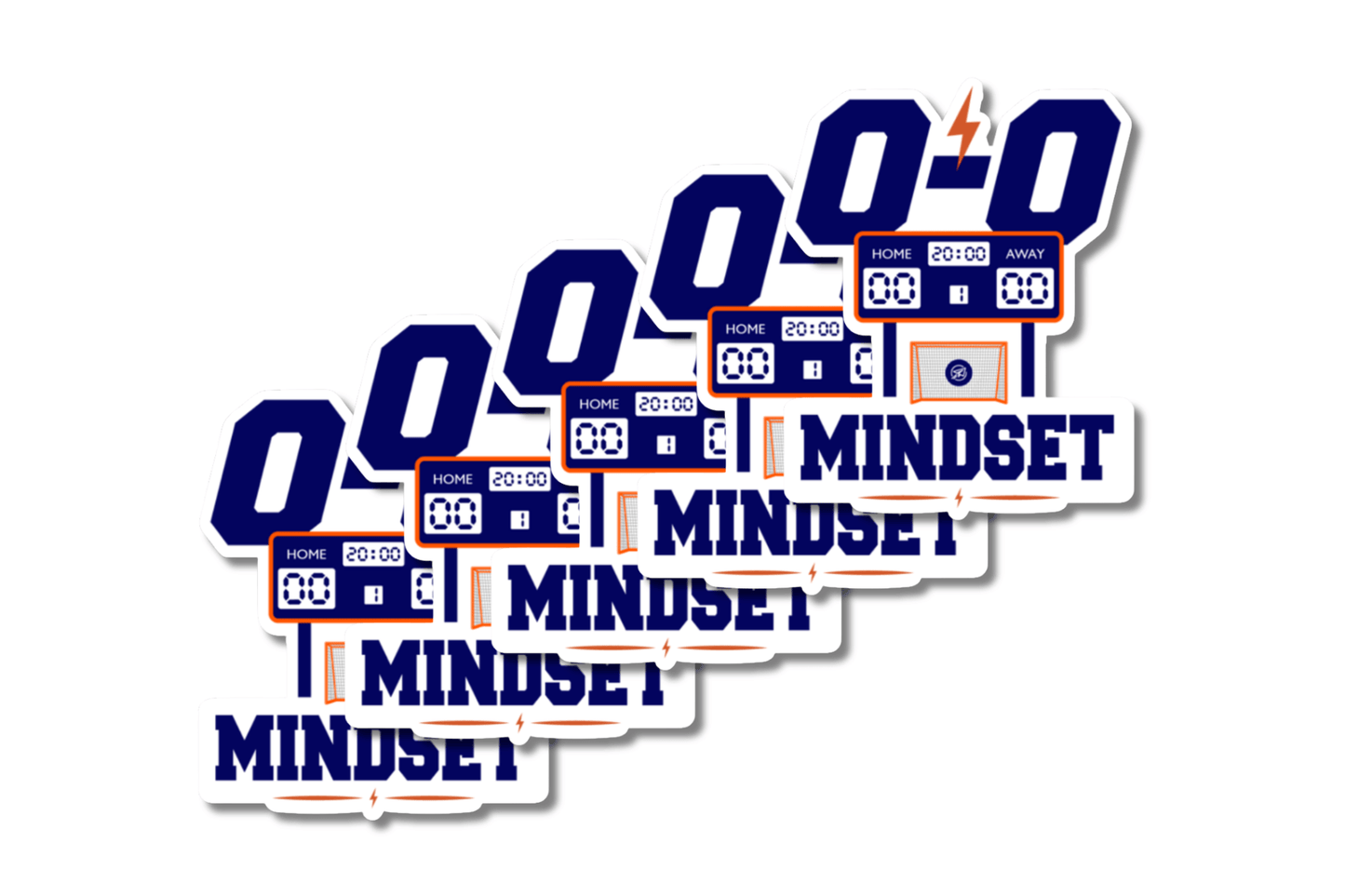 Five overlapping “0–0 Mindset” stickers featuring a sports scoreboard set at 0–0, an orange lightning bolt, and bold navy lettering on a white background.