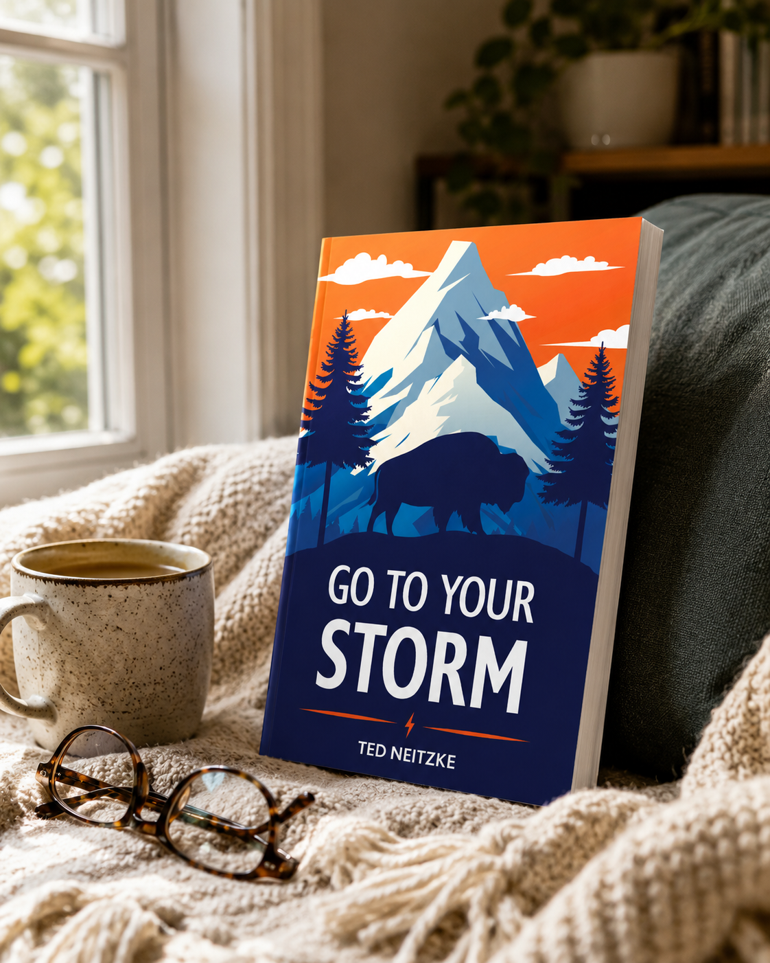 A book titled "Go to Your Storm" by Ted Neitzke rests on a cozy blanket near a cup of coffee and glasses. The cover features a mountain scene with a bison and pine trees against an orange sky.