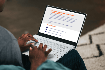 A person types on a white laptop displaying a course titled "Hands-On Math: Algebra Tiles for Multi-Step Equations," with objectives listed below.