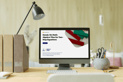 A modern desk setup with a computer screen displaying a math course titled "Hands-On Math: Algebra Tiles for Two-Step Equations." The scene feels educational and organized.