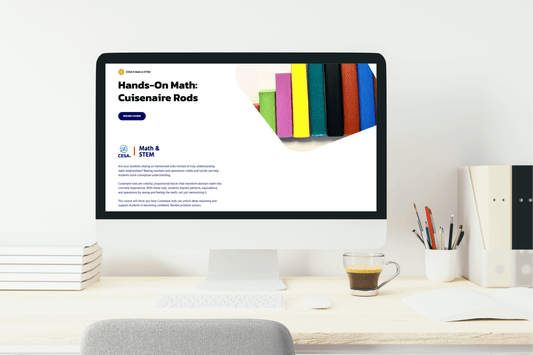 A computer screen displaying a webpage titled "Hands-On Math: Cuisenaire Rods," with colorful rods image. A tidy desk with books, pencils, and coffee nearby.