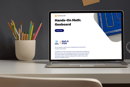 A laptop on a desk displays a webpage titled "Hands-On Math: Geoboard" for a Math & STEM course. A pot of colorful pencils sits beside it.