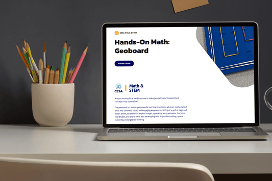 A laptop on a desk displays a webpage titled "Hands-On Math: Geoboard" for a Math & STEM course. A pot of colorful pencils sits beside it.