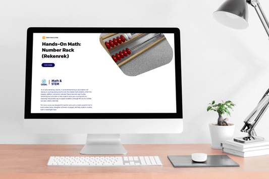 A computer screen displays an educational website titled "Hands-On Math: Number Rack (Rekenrek)" with an abacus image. The setting is a tidy desk with a lamp, plant, and notepad. Tone is educational and professional.