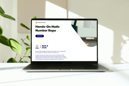 A laptop displays a webpage titled "Hands-On Math: Number Rope" in a bright room. The setting conveys a sense of learning and focus.