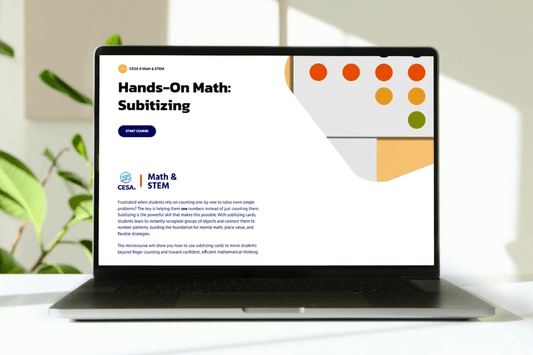 Laptop screen displaying an educational webpage titled "Hands-On Math: Subitizing." It includes text, colorful dots, and a "Start Course" button. Bright and inviting tone.