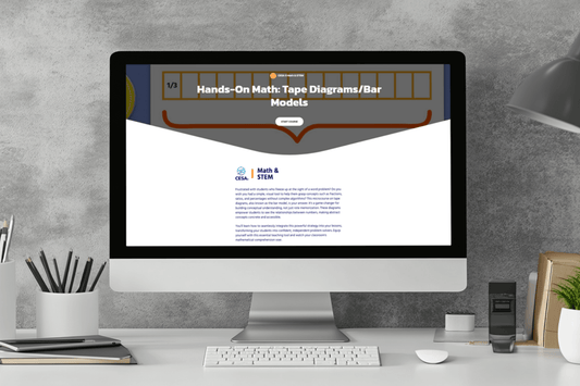 A computer screen on a desk displays an educational webpage titled "Hands-On Math: Tape Diagrams/Bar Models." The minimalist workspace includes a lamp, plant, and stationery, conveying a focused and organized atmosphere.
