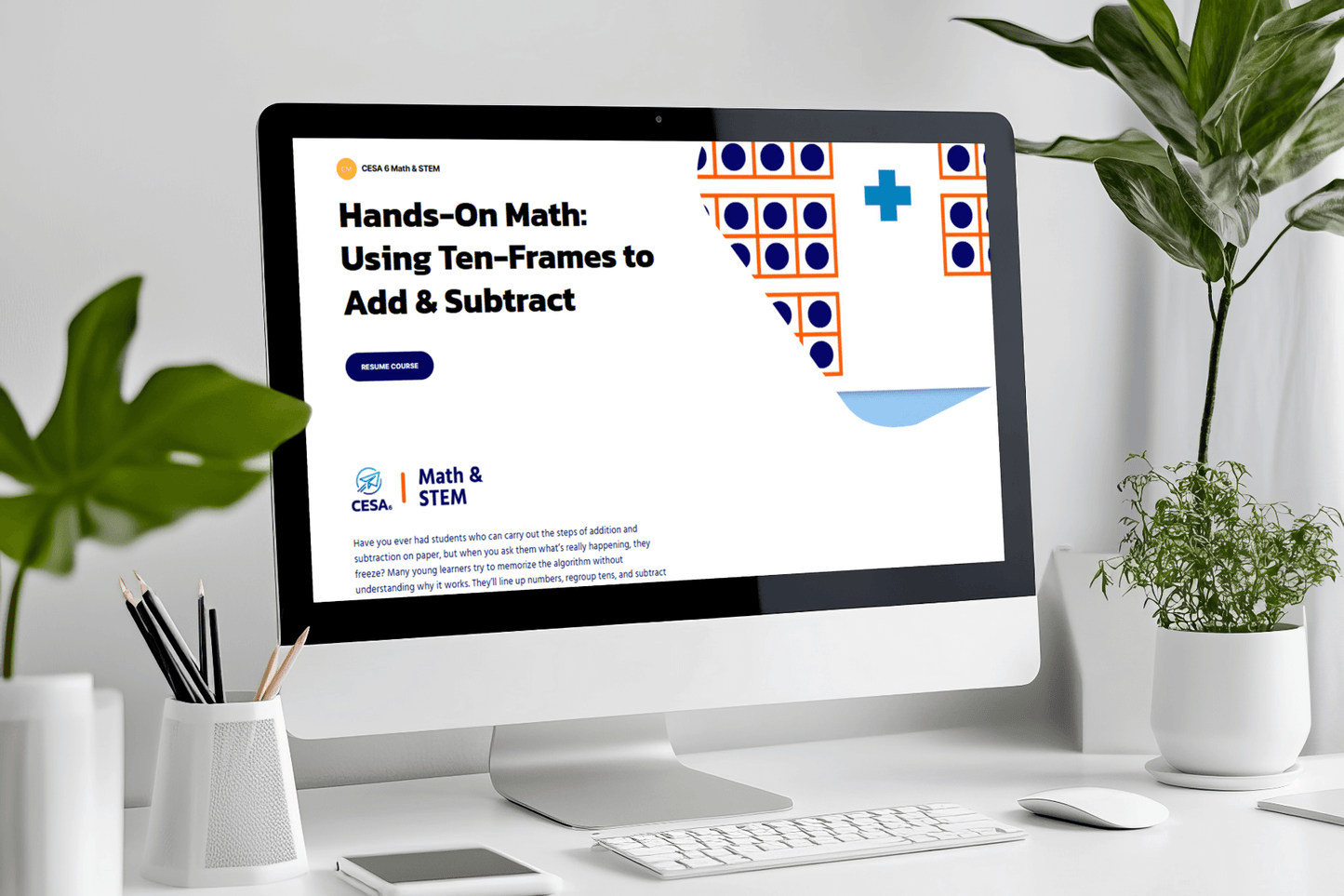 A computer screen displays a webpage titled "Hands-On Math: Using Ten-Frames to Add & Subtract" in a bright, clean office setup with plants.
