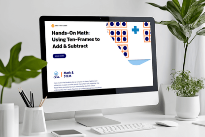 A computer screen displays a webpage titled "Hands-On Math: Using Ten-Frames to Add & Subtract" in a bright, clean office setup with plants.