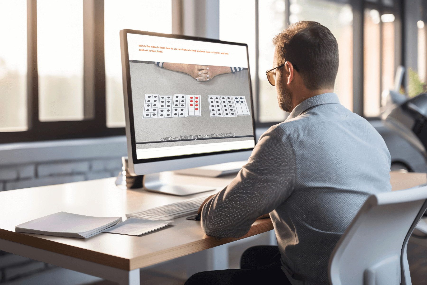 A man sits at a desk in a modern office, focused on a computer screen displaying a video how use Ten-Frames. The sunlight filters through large windows.