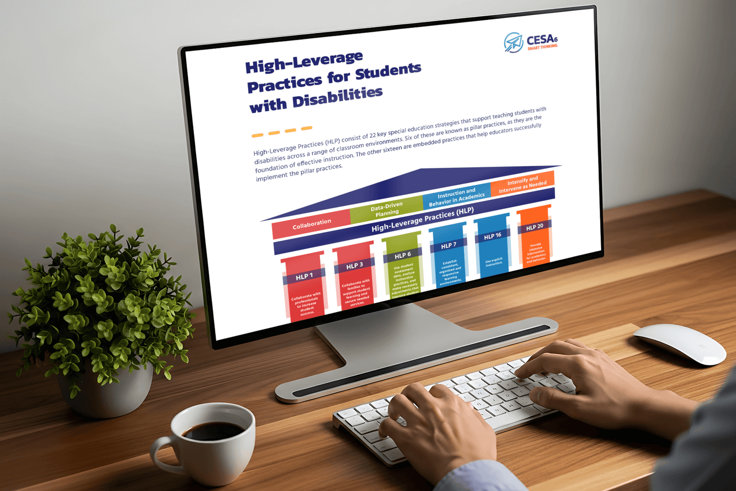 A person works on a desktop displaying "High-Leverage Practices for Students with Disabilities." A colorful chart details educational strategies. A potted plant, keyboard, mouse, and coffee cup are on the wooden desk, creating a focused, professional atmosphere.