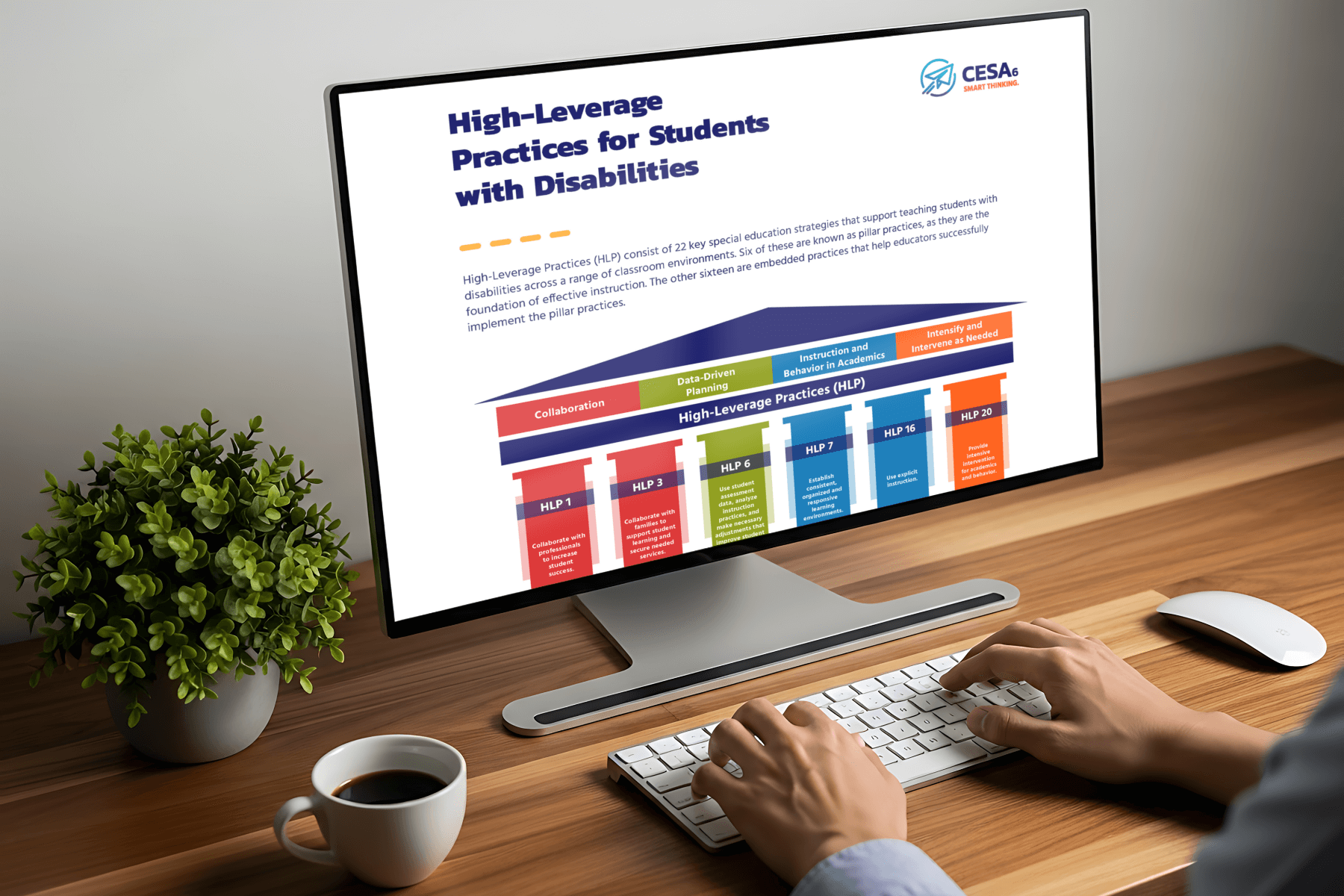 A person works on a desktop displaying "High-Leverage Practices for Students with Disabilities." A colorful chart details educational strategies. A potted plant, keyboard, mouse, and coffee cup are on the wooden desk, creating a focused, professional atmosphere.