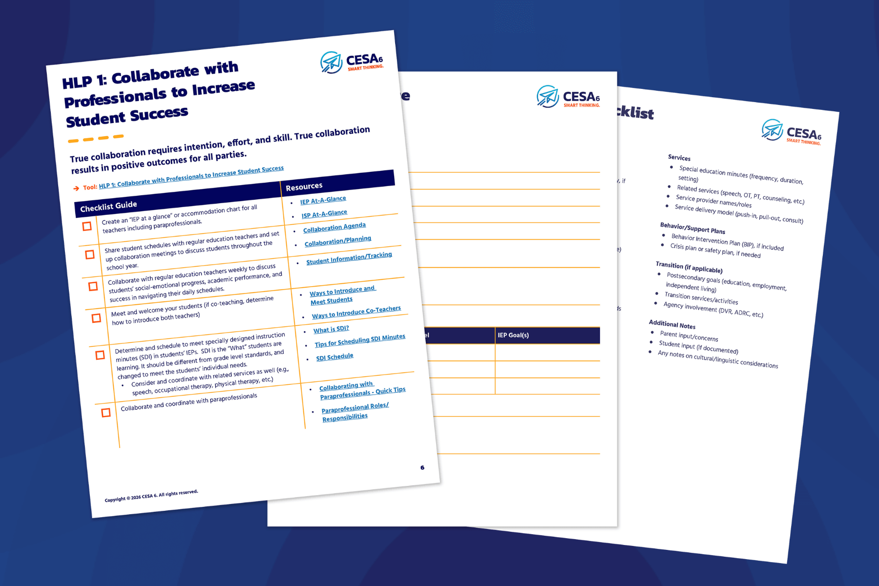 Educational checklist and guides titled "HLP 1: Collaborate with Professionals" from CESA, providing resources and strategies to support student success.
