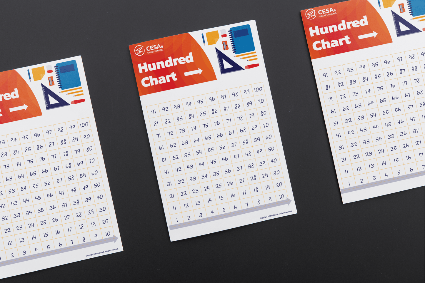 Three printed “Hundred Chart” posters are displayed on a black surface. Each chart features numbers 1 to 100 arranged in a 10x10 grid, increasing from left to right across rows. The top banner includes the CESA 6 logo and colorful school supply illustrations such as a notebook, ruler, and protractor. The charts are identical and oriented horizontally.