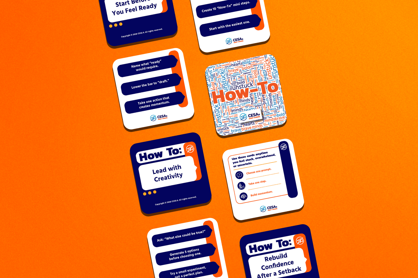Orange background with several "How To" cards featuring motivational and guidance tips. Cards are white and navy, with varied text prompts. Energetic tone.