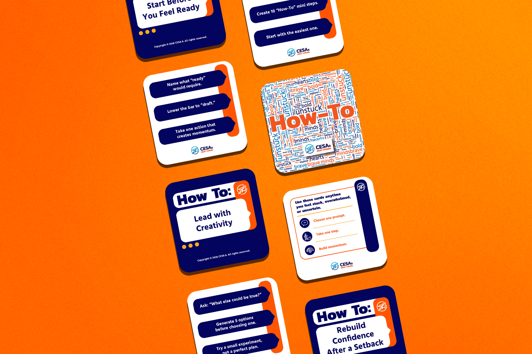 Orange background with several "How To" cards featuring motivational and guidance tips. Cards are white and navy, with varied text prompts. Energetic tone.