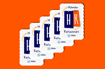 A set of identical scalloped-edge stickers is layered against a bright orange background. Each sticker features two bold rectangles—one navy and one orange—with the letters “H” and “R” in white and arrows curve from the word “Human” at the top and “Resources” at the bottom to point toward the letters. The CESA 6 logo is centered below the text.