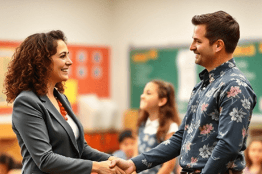 Two adults are shaking hands in a classroom setting, smiling as they engage in conversation. A student is visible in the background, emphasizing a supportive and collaborative school environment.