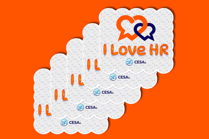 A stack of scalloped-edge stickers is displayed against a bold orange background. Each sticker features two overlapping heart-shaped speech bubbles—one orange, one navy—above the phrase “I Love HR” in playful orange lettering. The background of the sticker is light gray with a subtle heart pattern, and the CESA 6 logo is shown below the text on each sticker. 