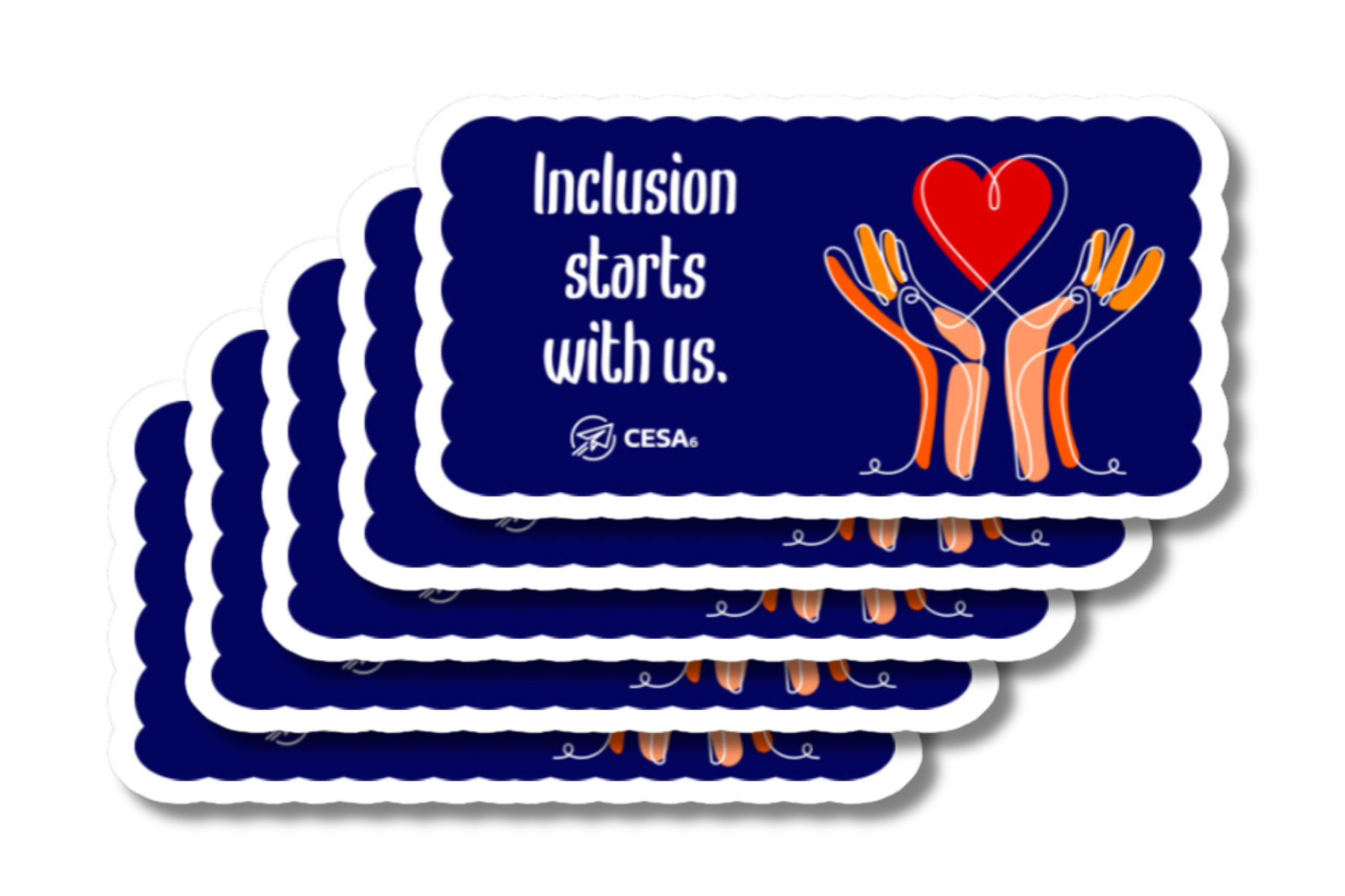 A stack of rectangular stickers with a dark blue background, featuring the phrase 'Inclusion starts with us.' in white text. The design includes an illustration of two hands outlined in orange and white, raising a red heart. The CESA 6 logo is displayed at the bottom.