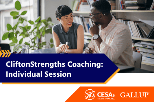 Two professionals engaged in a positive coaching session, smiling and conversing in a workspace with bookshelves in the background. The image promotes 'CliftonStrengths Coaching: Individual Session' with logos for CESA 6 and Gallup, highlighting a one-on-one development opportunity.