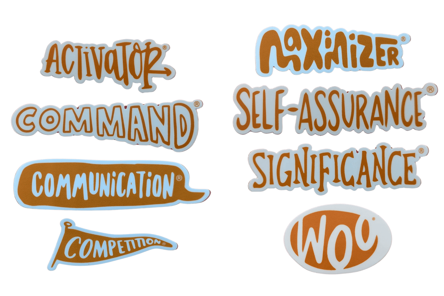 All 8 Influencing Clifton Strengths Themed Stickers are presented in orange and include Activator®, Command®, Communication®, Competition®, Maximizer®, Self-Assurance®, Significance®, and Woo®.