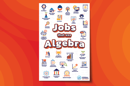 An educational poster titled “Jobs that use Algebra” displays a grid of illustrated icons representing various careers. Examples include engineer, architect, software developer, data analyst, agricultural scientist, meteorologist, investment banker, and epidemiologist. The background features faint math formulas, and the poster has a bold orange-and-white theme. The CESA 6 logo is located in the bottom right corner.