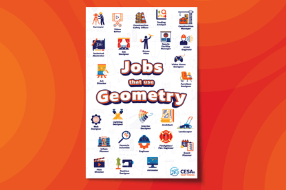 A poster titled “Jobs that use Geometry” displays colorful icons representing a variety of careers that apply geometric concepts. Examples include surveyor, construction manager, interior designer, architect, drone pilot, fashion designer, firefighter, video game designer, and urban planner. The background contains subtle math symbols, and the design uses orange and blue tones. The CESA 6 logo is located in the bottom right corner.