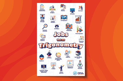 A math-themed educational poster titled “Jobs that use Trigonometry” showcases colorful icons for careers that apply trigonometric concepts. Jobs include surveyor, engineer, cartographer, game developer, animator, oceanographer, HVAC engineer, and climate scientist. The background features light math illustrations, and the design uses red, blue, and orange tones. The CESA 6 logo appears in the bottom right corner.