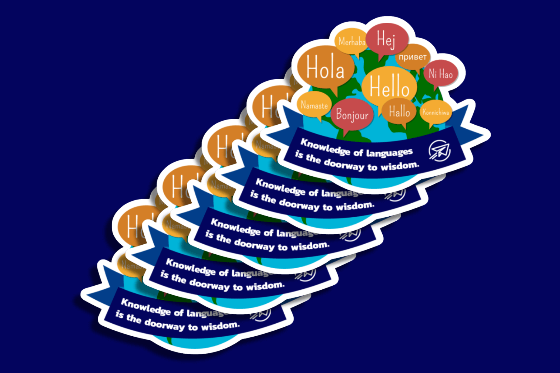 A set of five identical stickers shows a globe surrounded by colorful speech bubbles with greetings in different languages, such as “Hola,” “Hello,” “Bonjour,” and “Ni Hao.” Below the globe is a blue banner with the phrase, “Knowledge of languages is the doorway to wisdom,” alongside the CESA 6 logo.