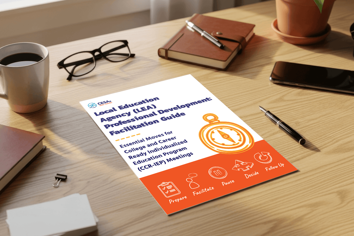 Desk scene with coffee, glasses, notebooks, phone, and pen surrounding a colorful “Local Education Agency (LEA) Professional Development Facilitation Guide.” 