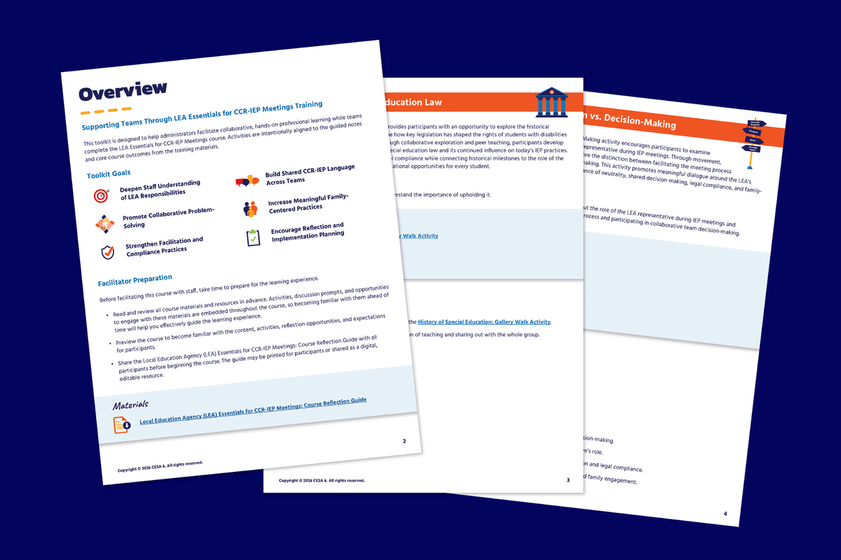 Three overlapping informational document pages on a dark blue background, covering an overview, education law, and decision-making guidance.