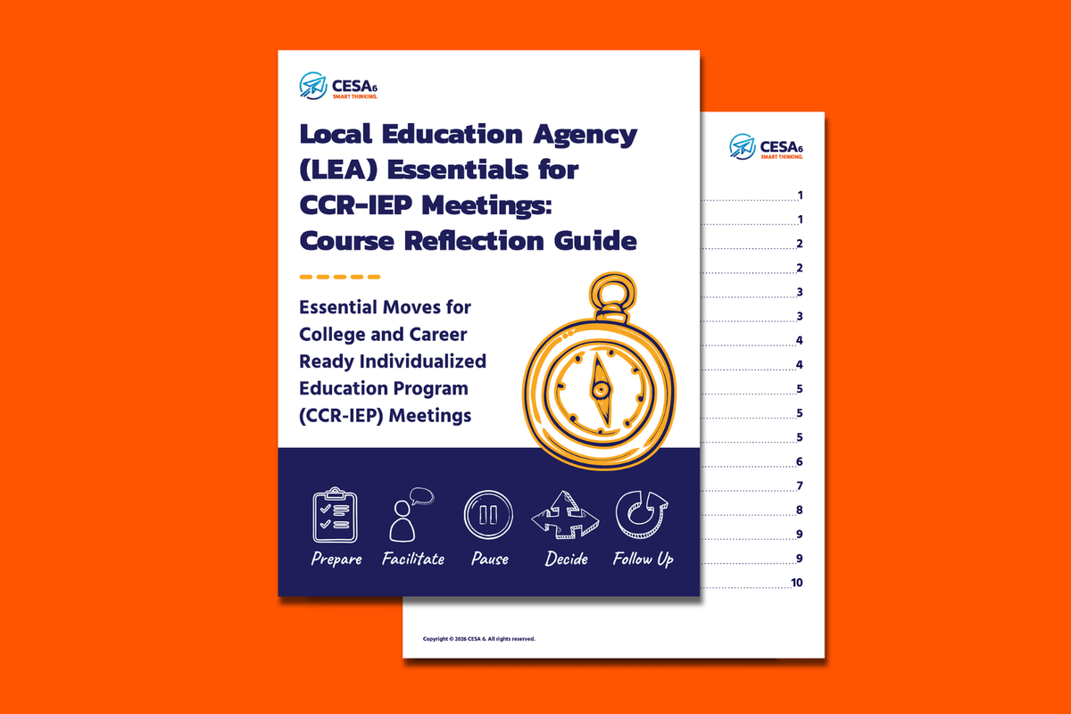 Booklet cover for a Local Education Agency (LEA) CCR-IEP meeting reflection guide, featuring a stopwatch and five-step process icons on orange.